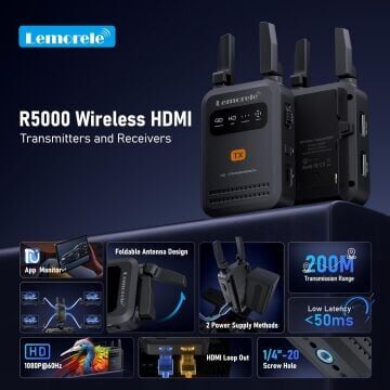 Lemorele R5000 Wireless Video Transmission 200 Metre Kablosuz HDMI Video Aktarım Kiti (1080p 60Hz, 5GHz, Dual Anten)