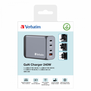 Verbatim 240 W GAN Hızlı Şarj 4 Bağlantı Noktalı 1x Usb-C® PD 140W/1x Usb-C® PD 100W/1x Usb-C® PD 65W / 1x Usb-A QC 3.0(32205)