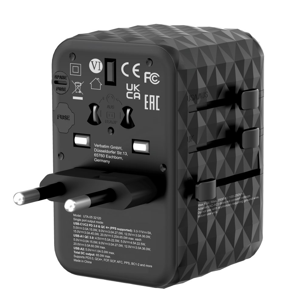 Verbatim 65W GAN 3 Evrensel Seyahat Adaptörü 2 x Usb-C PD ve QC 4+ 2 x Usb-A-(32120)