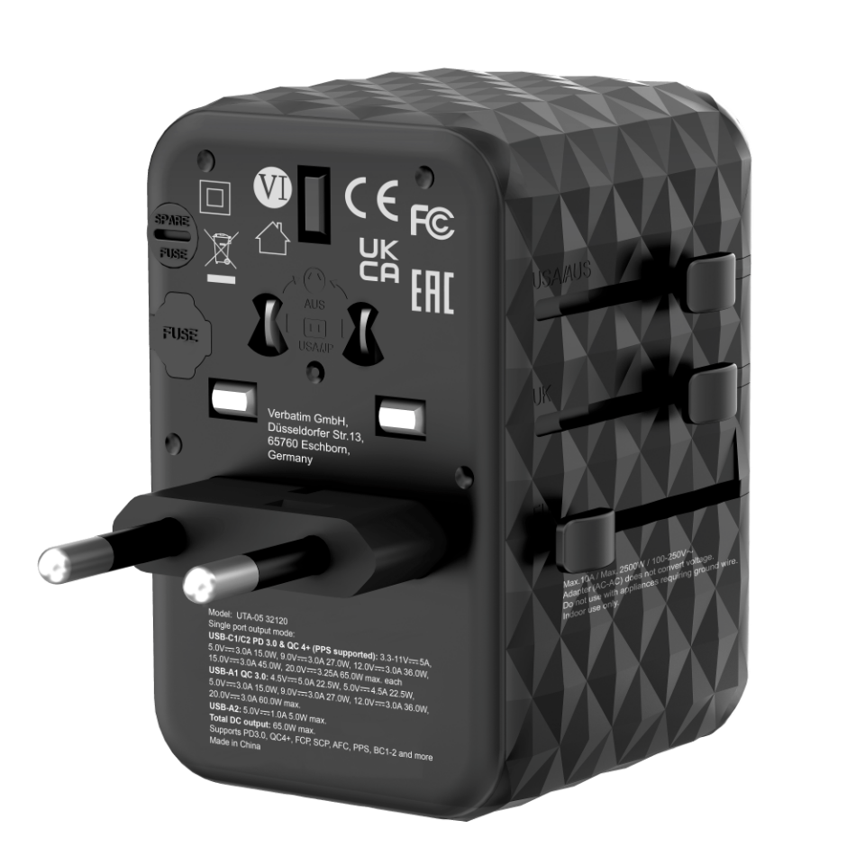 Verbatim 65W GAN 3 Evrensel Seyahat Adaptörü 2 x Usb-C PD ve QC 4+ 2 x Usb-A-(32120)