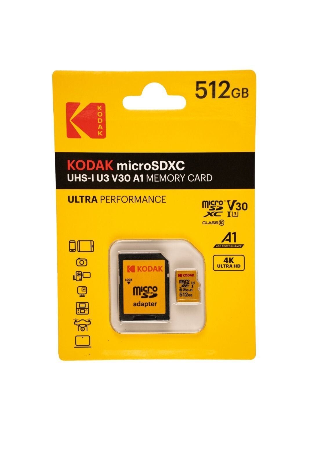 Kodak 512GB UHS-I U3/V30/A1 Yellow Micro SD + Adaptör