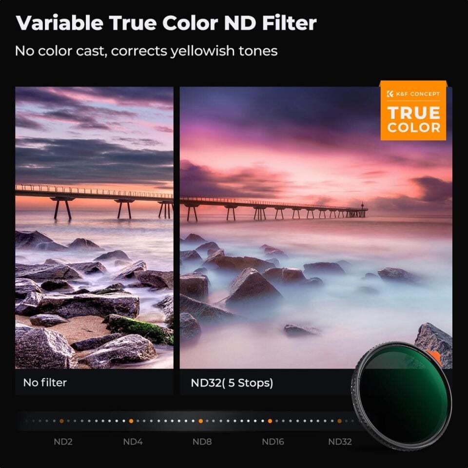 K&F Concept 82mm NANO-X ND2-32  (1-5 Stop) True Color Ultra  Değişken Filtre