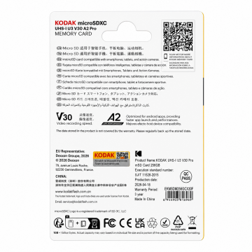 Kodak 256GB Micro SD UHS-I U3 V30PRO Hafıza Kartı