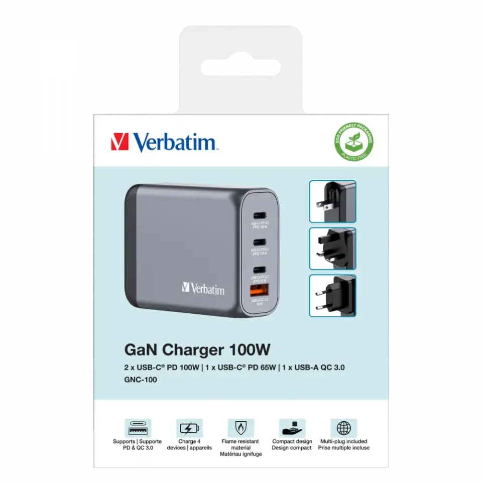 Verbatim 32202 - V GNC-100 GaN Charger 100W 3-USB-C /  1-USB-A  Çıkışa Sahiptir