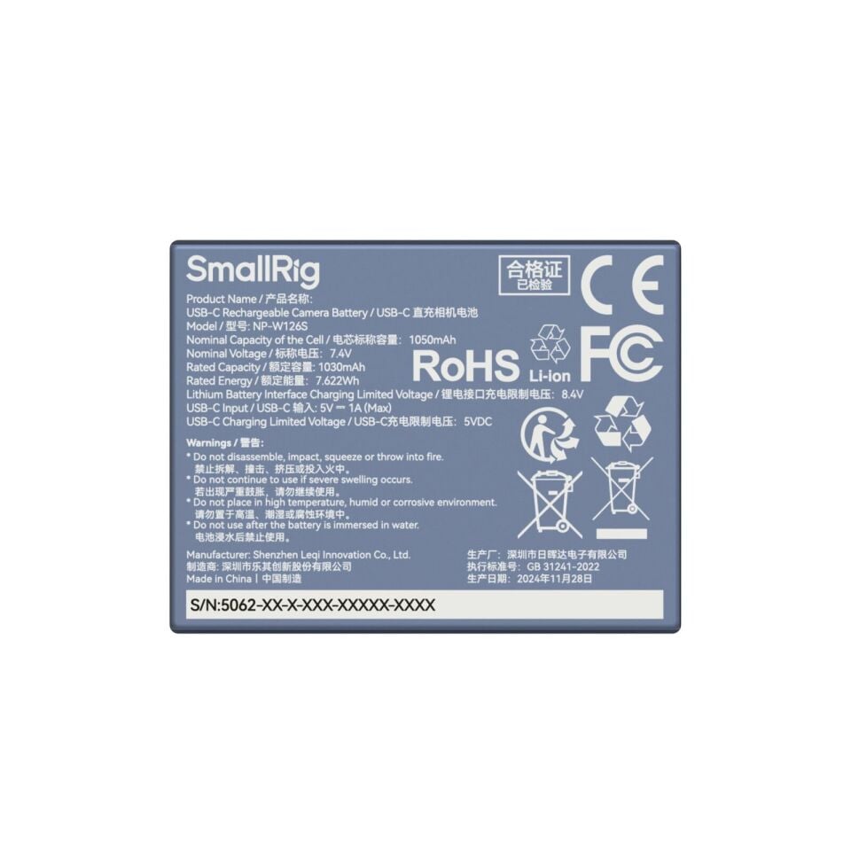 SmallRig 5062 NP-W126S USB-C Şarj Edilebilir Kamera Pili