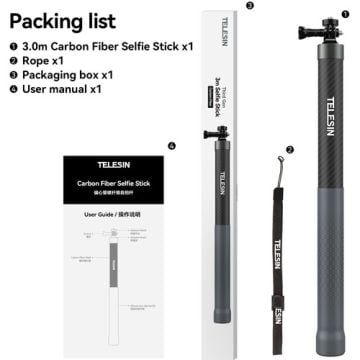 Telesin Aksiyon Kamera ve Akıllı Telefonlar için 3 Metre Carbon Fiber Selfie Stick