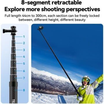 Telesin Aksiyon Kamera ve Akıllı Telefonlar için 3 Metre Carbon Fiber Selfie Stick