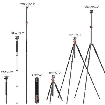 K&F Concept T254A8 Monopod Özellikli Tripod (239cm Uzunluk)