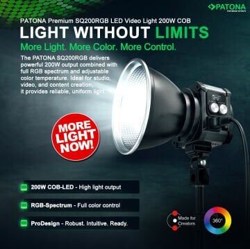 Patona 4172 Premium Sq200RGB Led-Video Işığı 200W Cob ( Sert Taşıma Çantasıyla Birlikte )