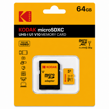 Kodak 64GB Micro SD UHS-I C10 U1 V10 Kart + Adaptör (Kırmızı)